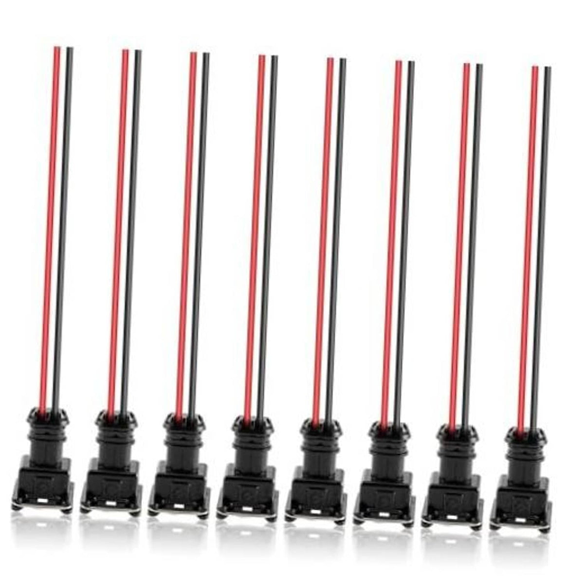 Fuel injector pigtail harness with black connectors and red/white wires
