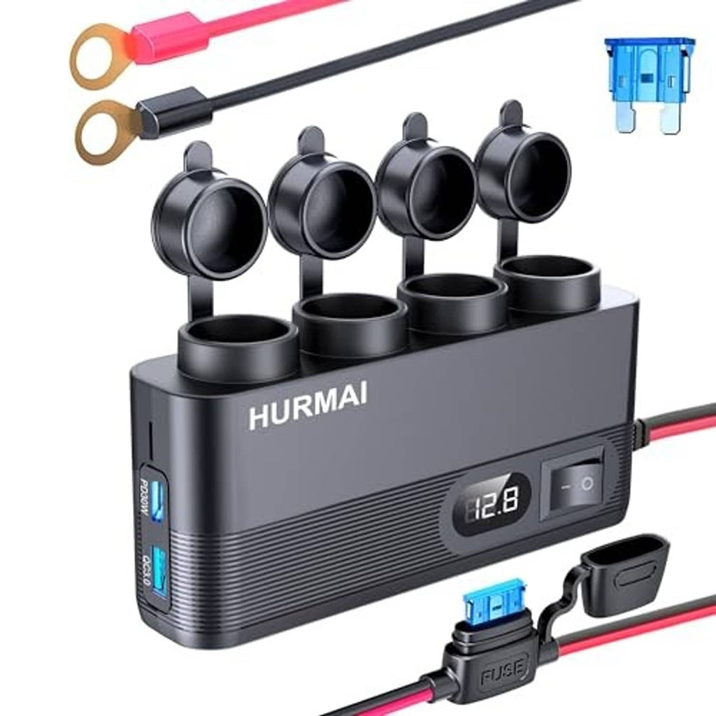 Black HURMAI 7-port car charger with LED display and four device ports