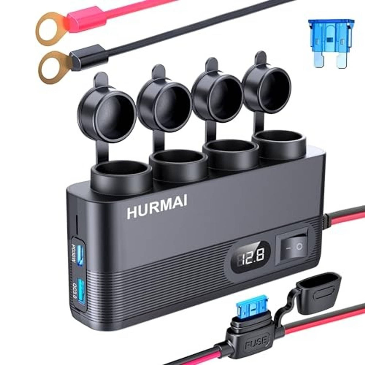 Black HURMAI 7-port car charger with LED display and four device ports
