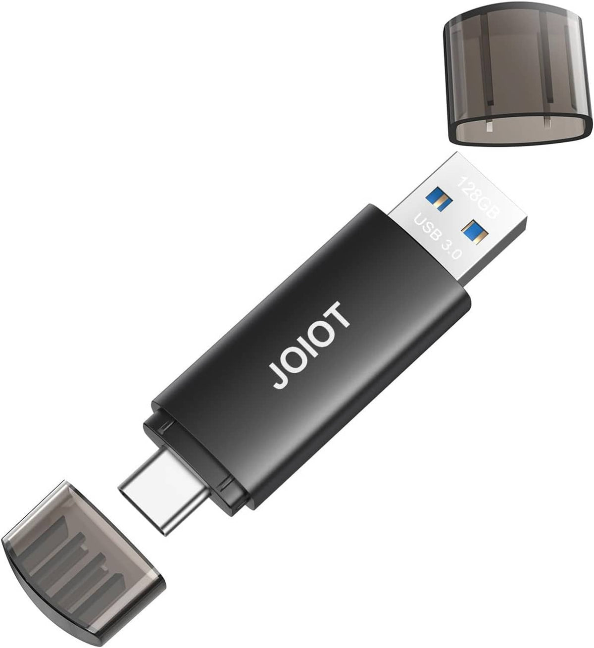 Dual USB flash drive, black metal body with Type-C and USB-A ports and cap