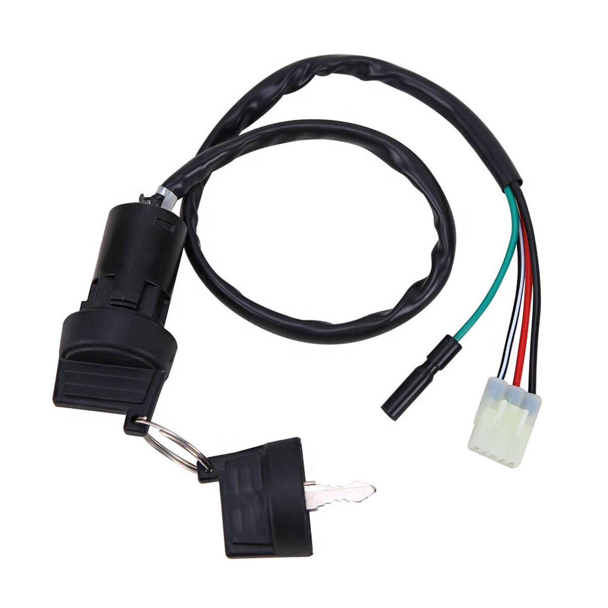 Ignition key switch wiring harness with black housing and multi-wire connector plugs