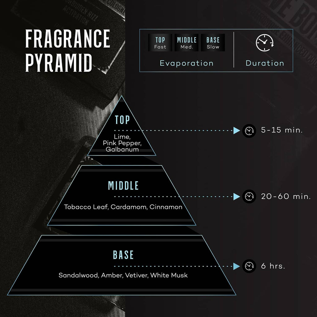 Men's pheromone cologne fragrance pyramid diagram with top middle base layers and timing