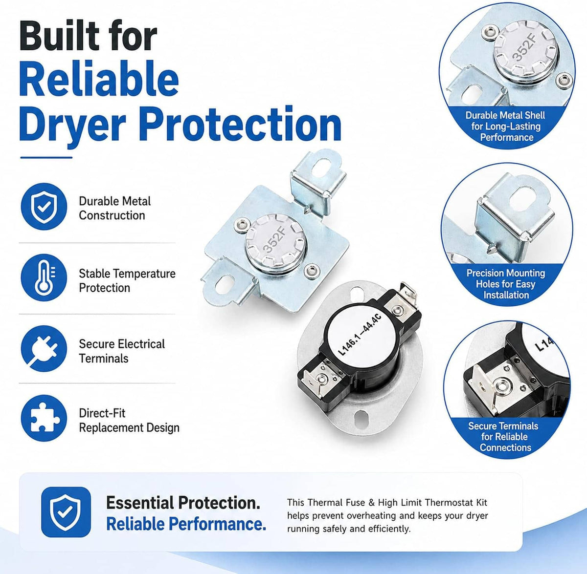 Dryer thermal cut-off fuse kit infographic showing two metal and black thermostat parts
