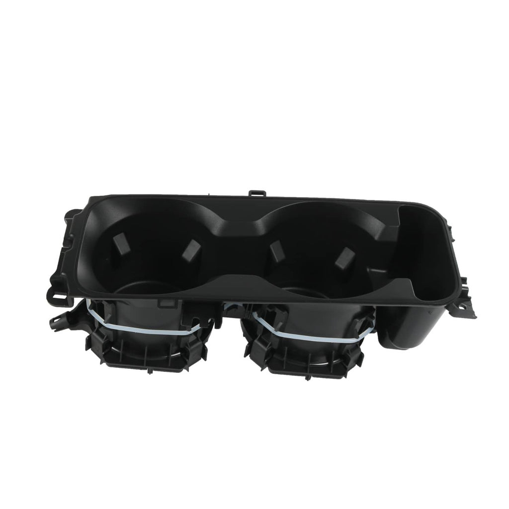 Black dual cup holder insert underside view with molded compartments and mounts