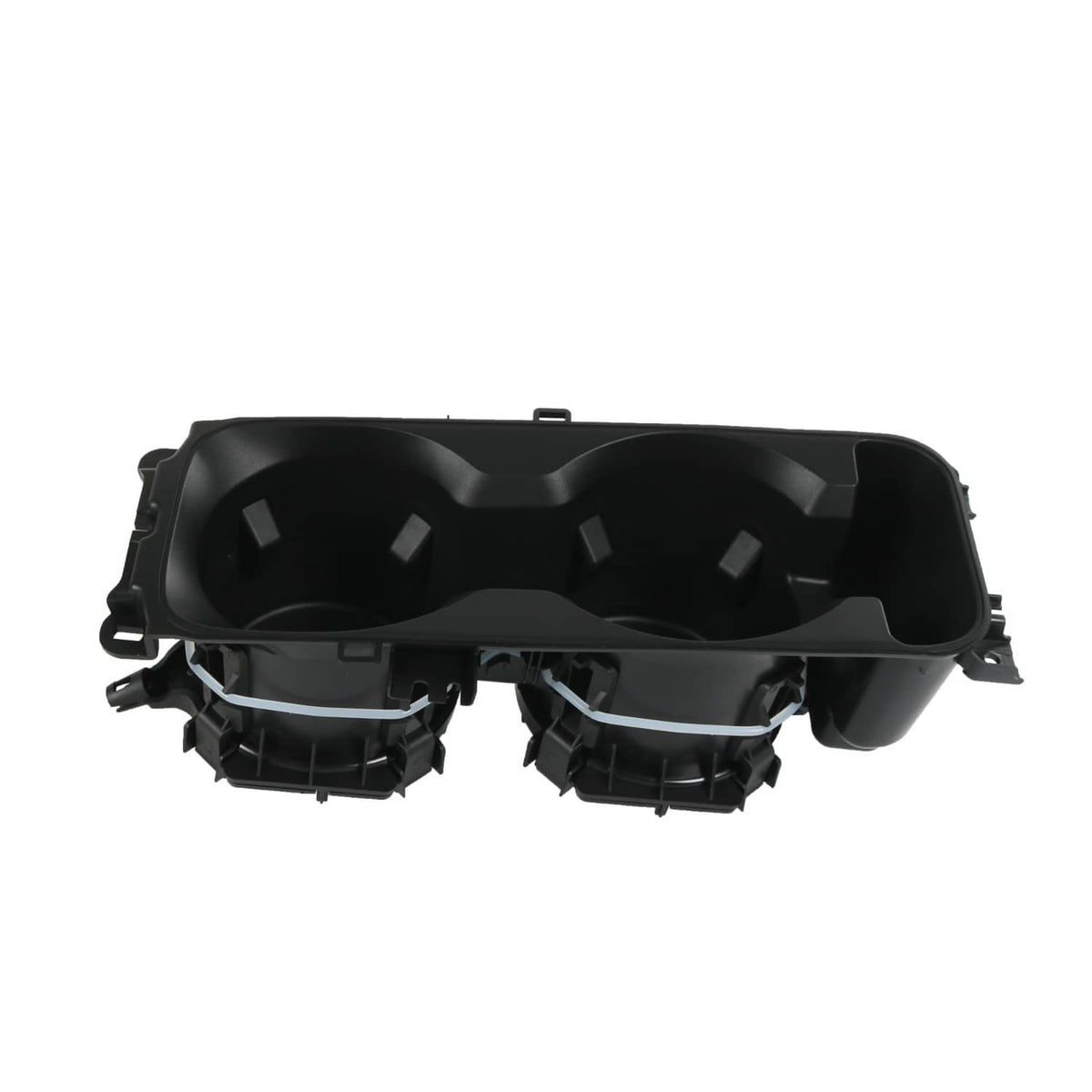 Black dual cup holder insert underside view with molded compartments and mounts