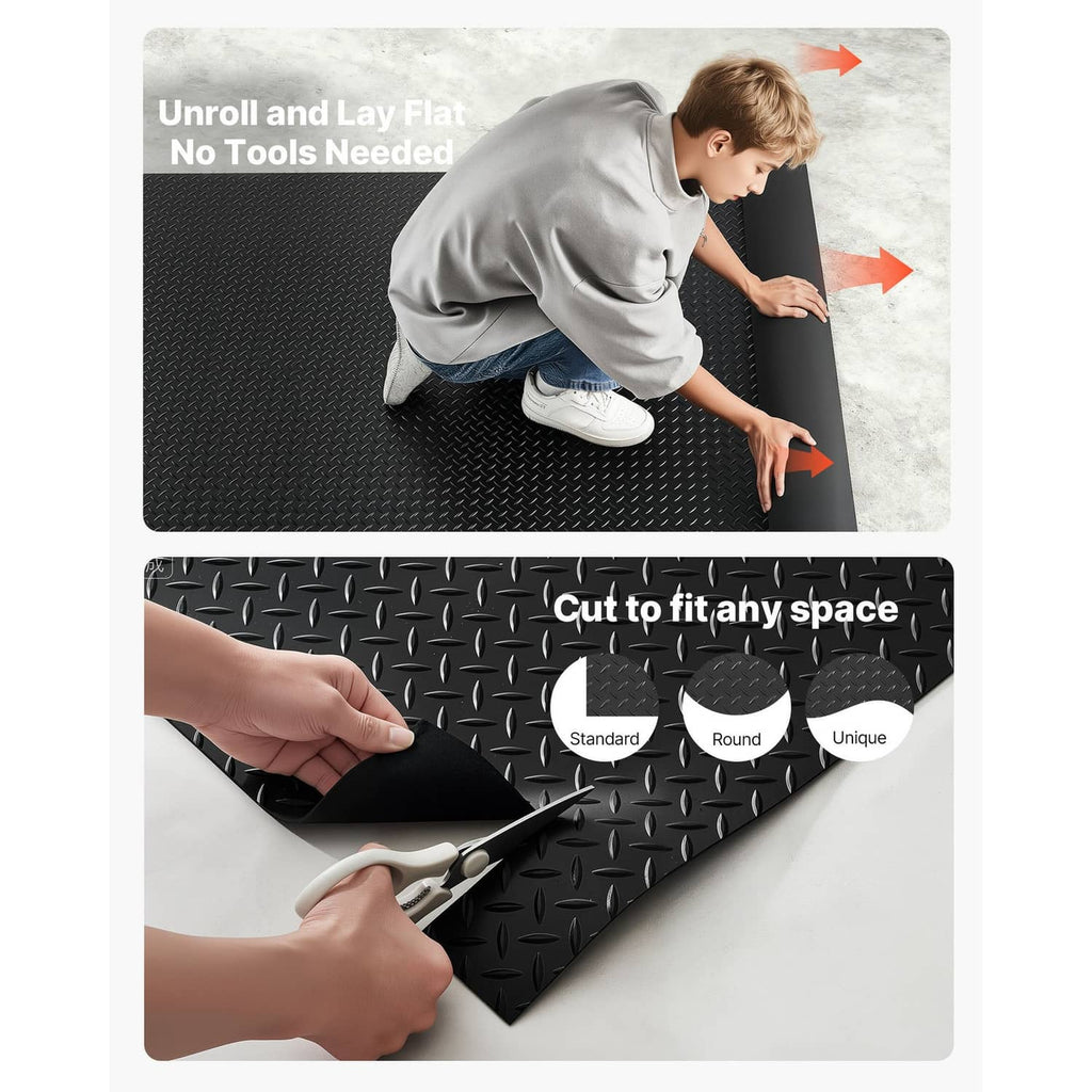 Black rubber garage floor mat being unrolled and laid flat on a smooth surface