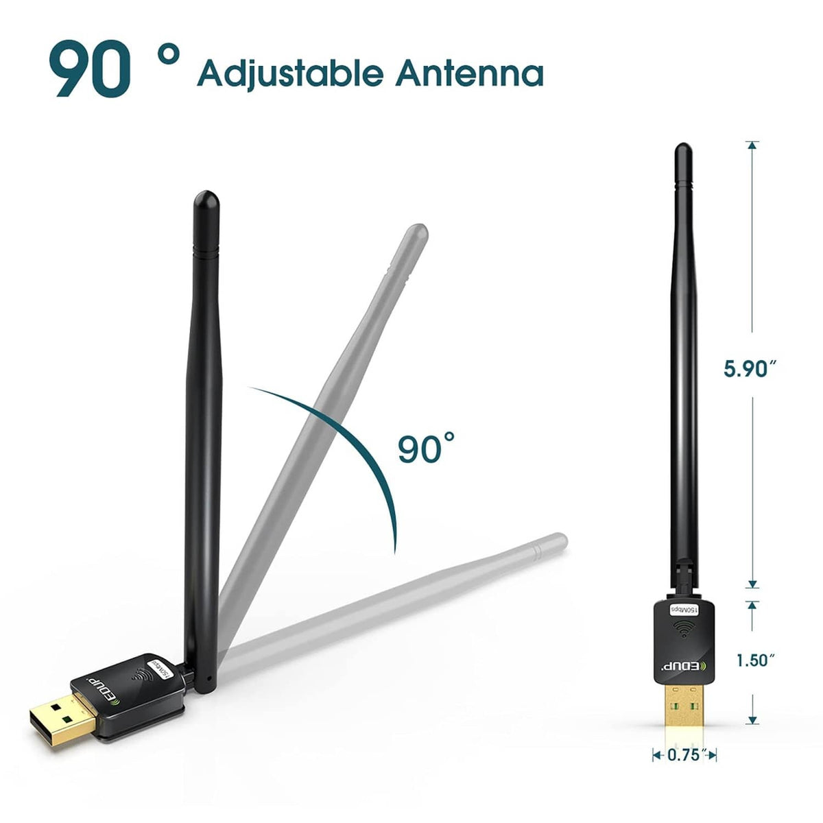 USB WiFi adapter with adjustable antenna showing 90-degree angle