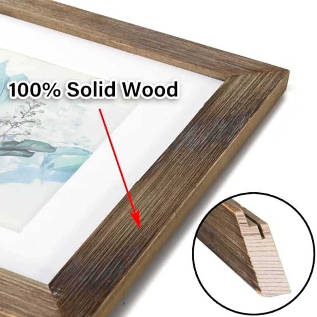 Brown solid wood 5x7 picture frame corner detail with angled profile