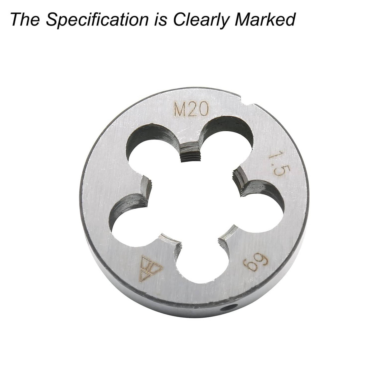 M20 thread die with four-lobed center and visible cutting slots in circular face