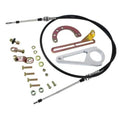 Transmission shift linkage kit with black cables, metal brackets, and mounting hardware