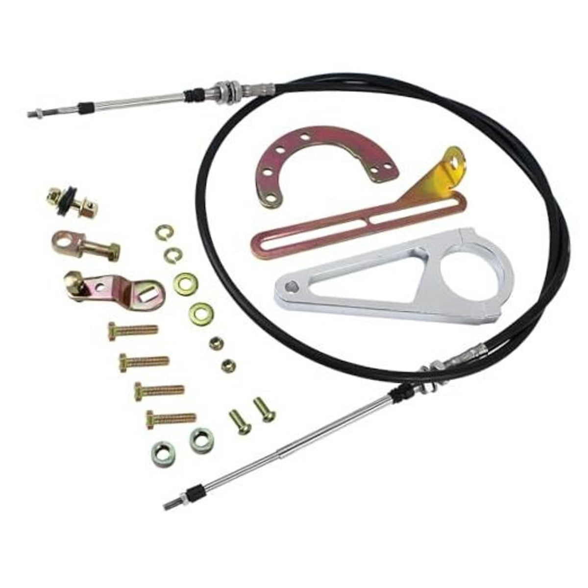 Transmission shift linkage kit with black cables, metal brackets, and mounting hardware