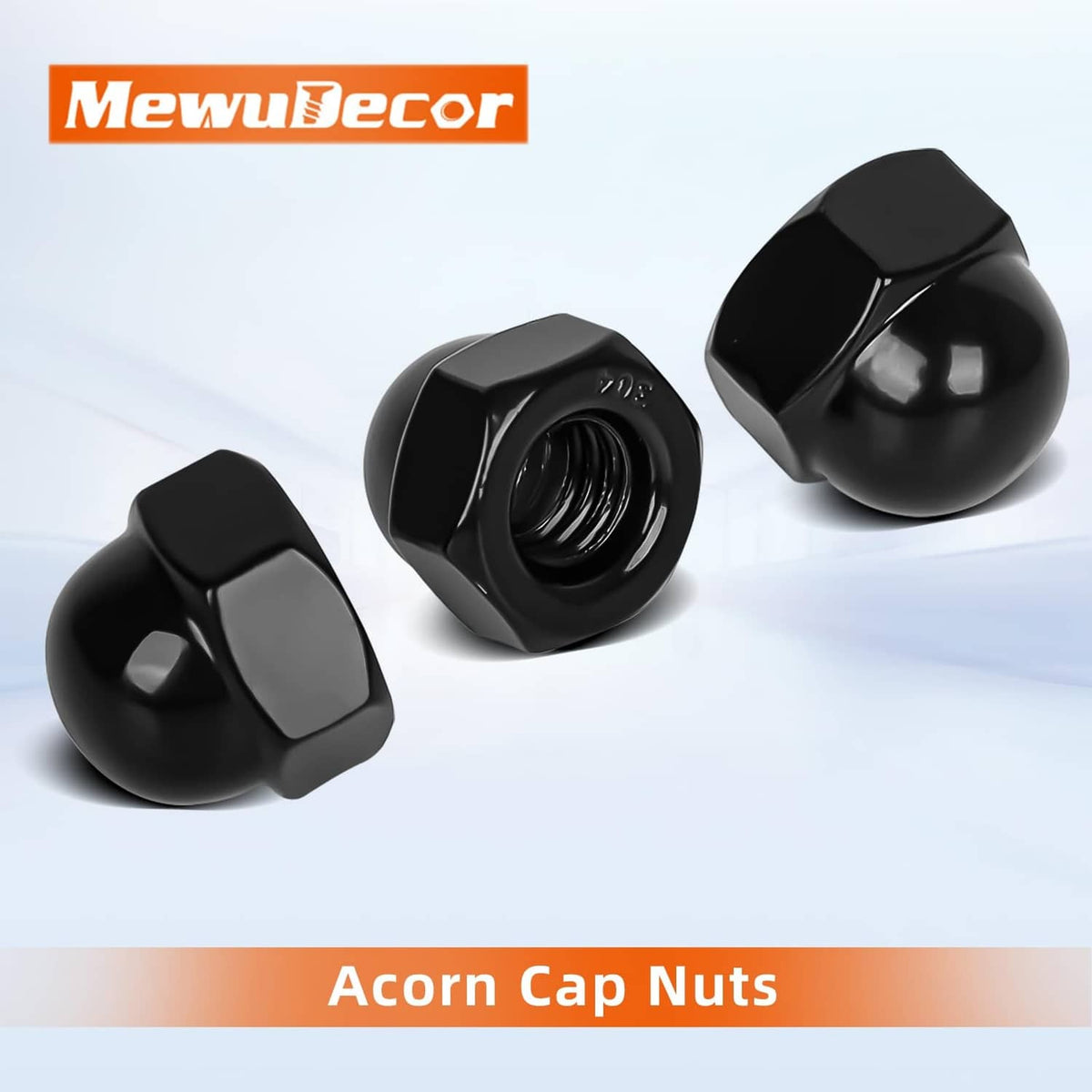 Black acorn cap nuts, domed tops with hex sides and visible threads