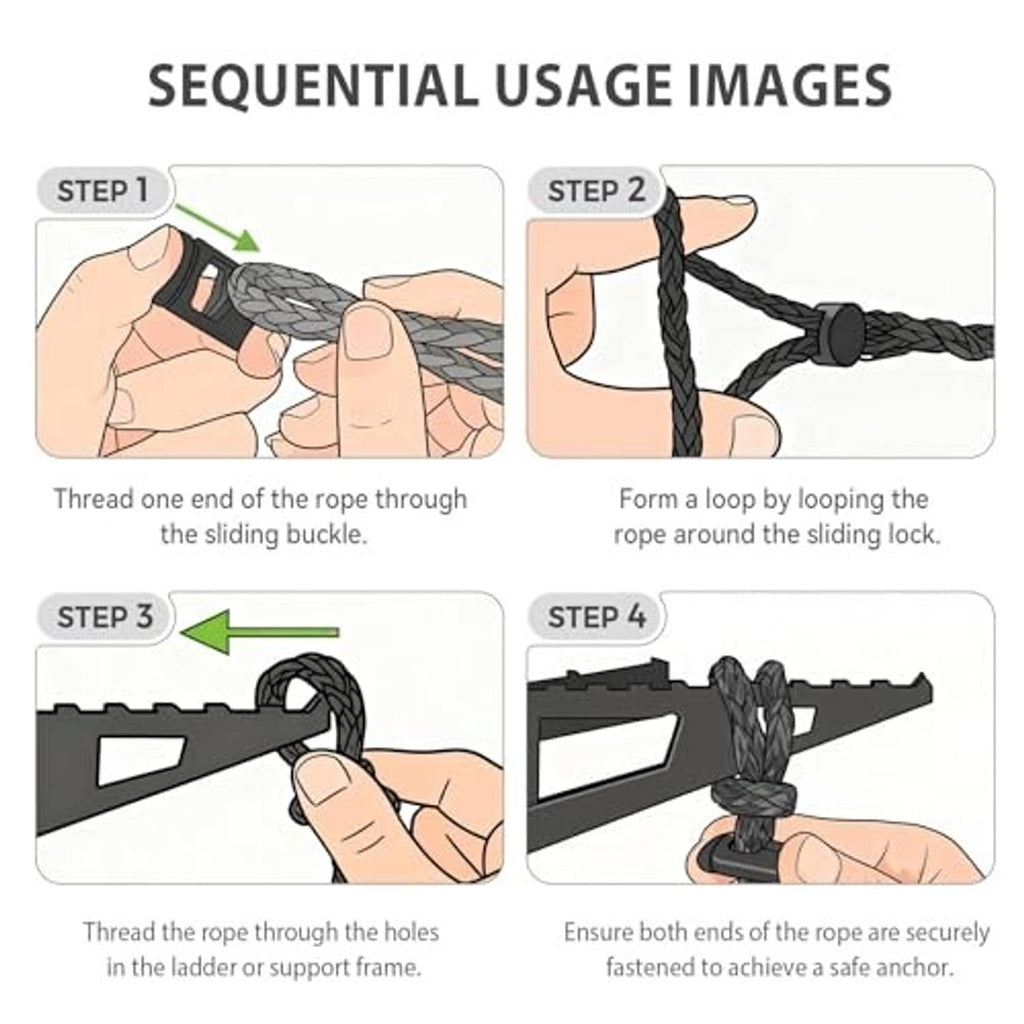 Sequential use guide for black rope loop climbing aid with sliding buckle