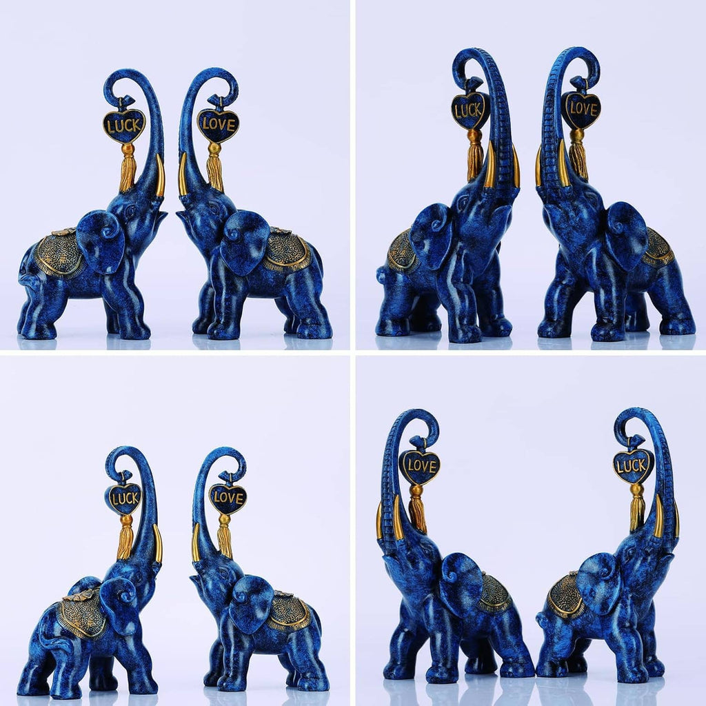 Grid of blue elephant statue views: “LUCK” and “LOVE” plaques on raised trunks
