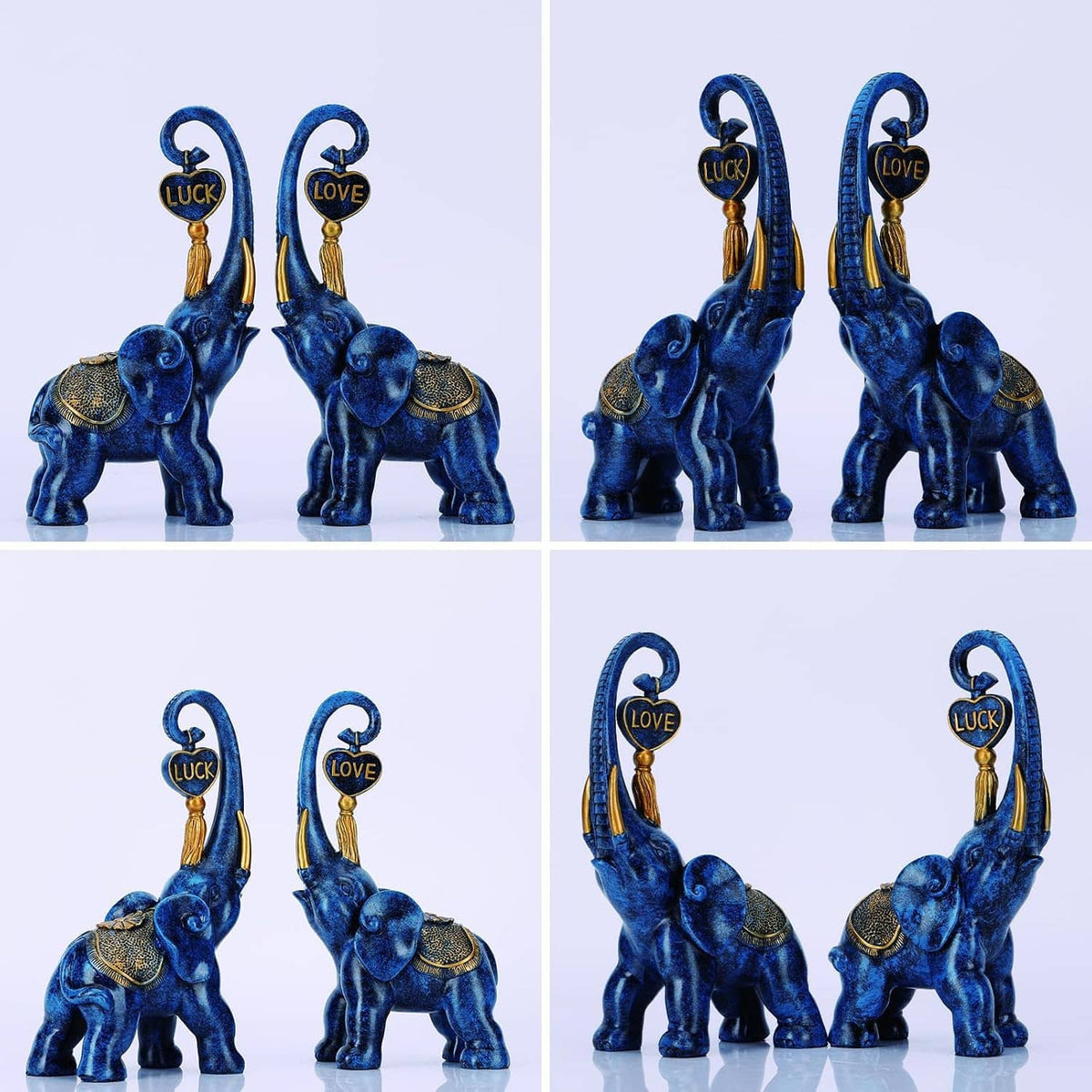 Grid of blue elephant statue views: “LUCK” and “LOVE” plaques on raised trunks