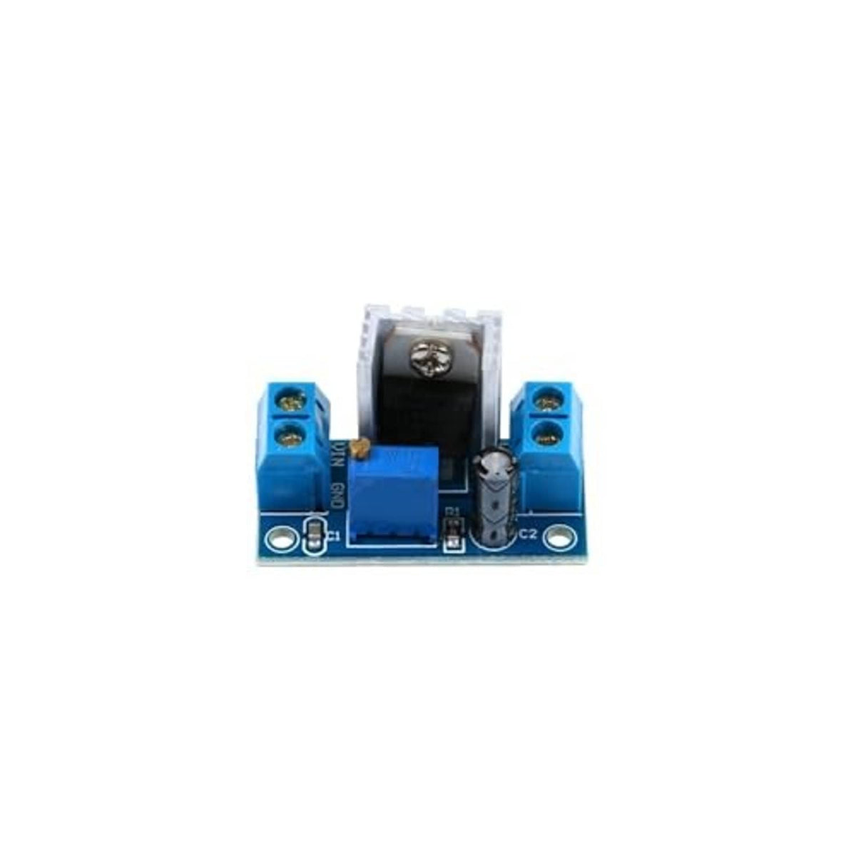 LM317 regulator module with blue PCB, black IC, and screw terminal connections