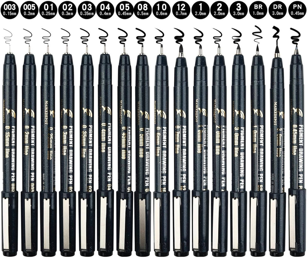 16-piece needle drawing fineliner pen set, assorted nib sizes in black