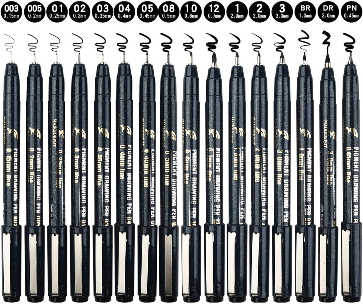 16-piece needle drawing fineliner pen set, assorted nib sizes in black