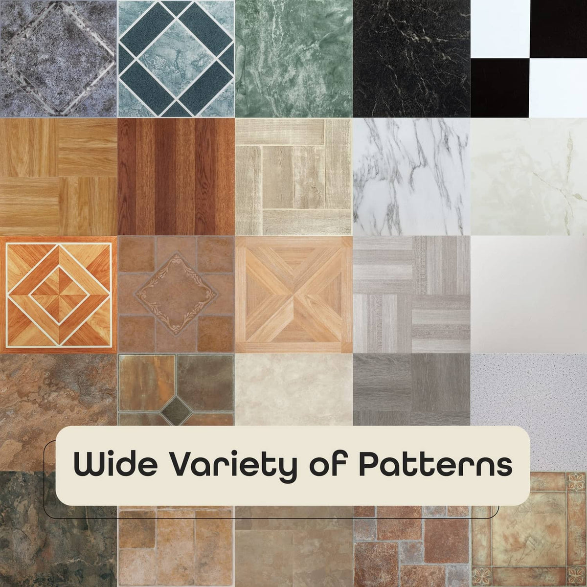 Assorted stone-look vinyl floor tile patterns in various colors and designs
