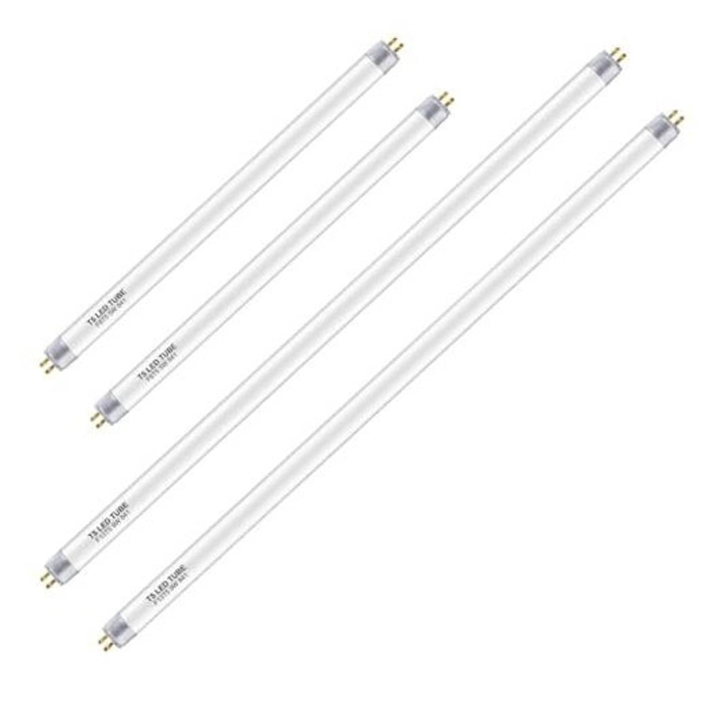 Set of T5 LED tubes with clear glass body and gold pin ends, mixed lengths