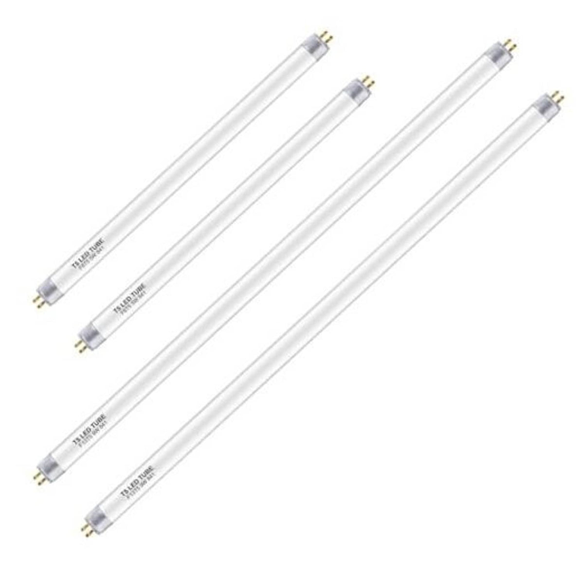 Set of T5 LED tubes with clear glass body and gold pin ends, mixed lengths