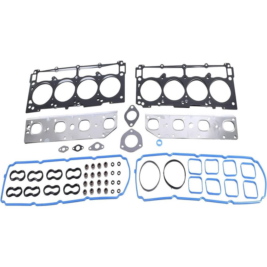 Cylinder gasket and timing kit parts set with black and silver plates and blue gasket