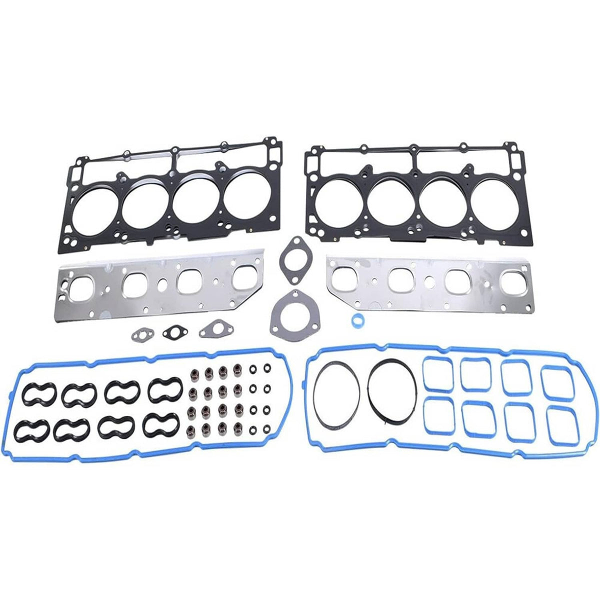 Cylinder gasket and timing kit parts set with black and silver plates and blue gasket