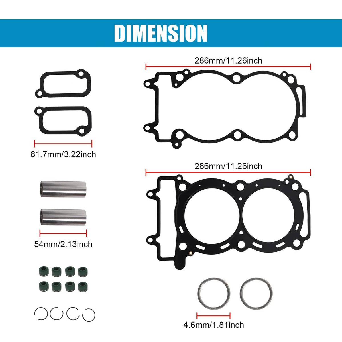 Cylinder gasket and piston ring set shown with measurement diagram