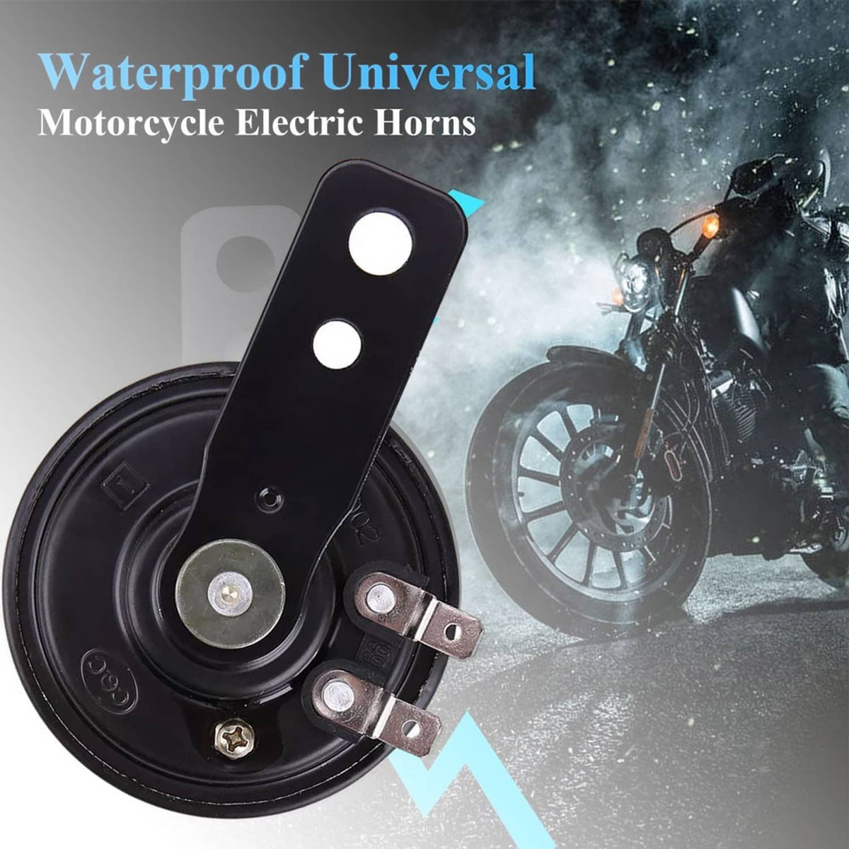 Black universal electric horn with two-hole bracket and round face, waterproof design.
