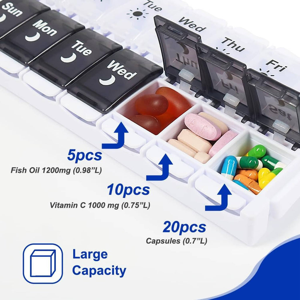 Weekly pill organizer with open compartments filled with capsules and tablets