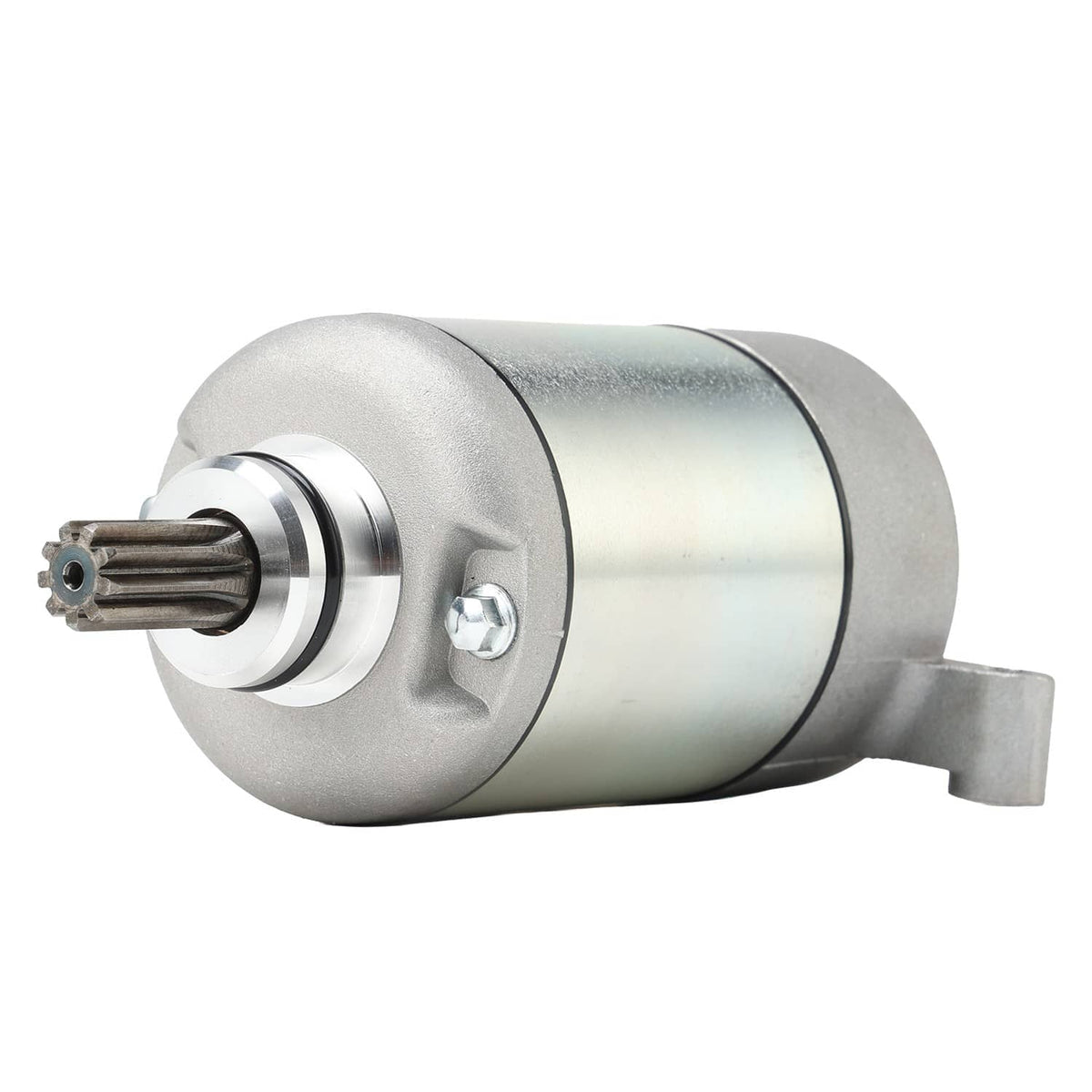 Starter motor assembly with exposed drive shaft and cylindrical silver housing, front bracket