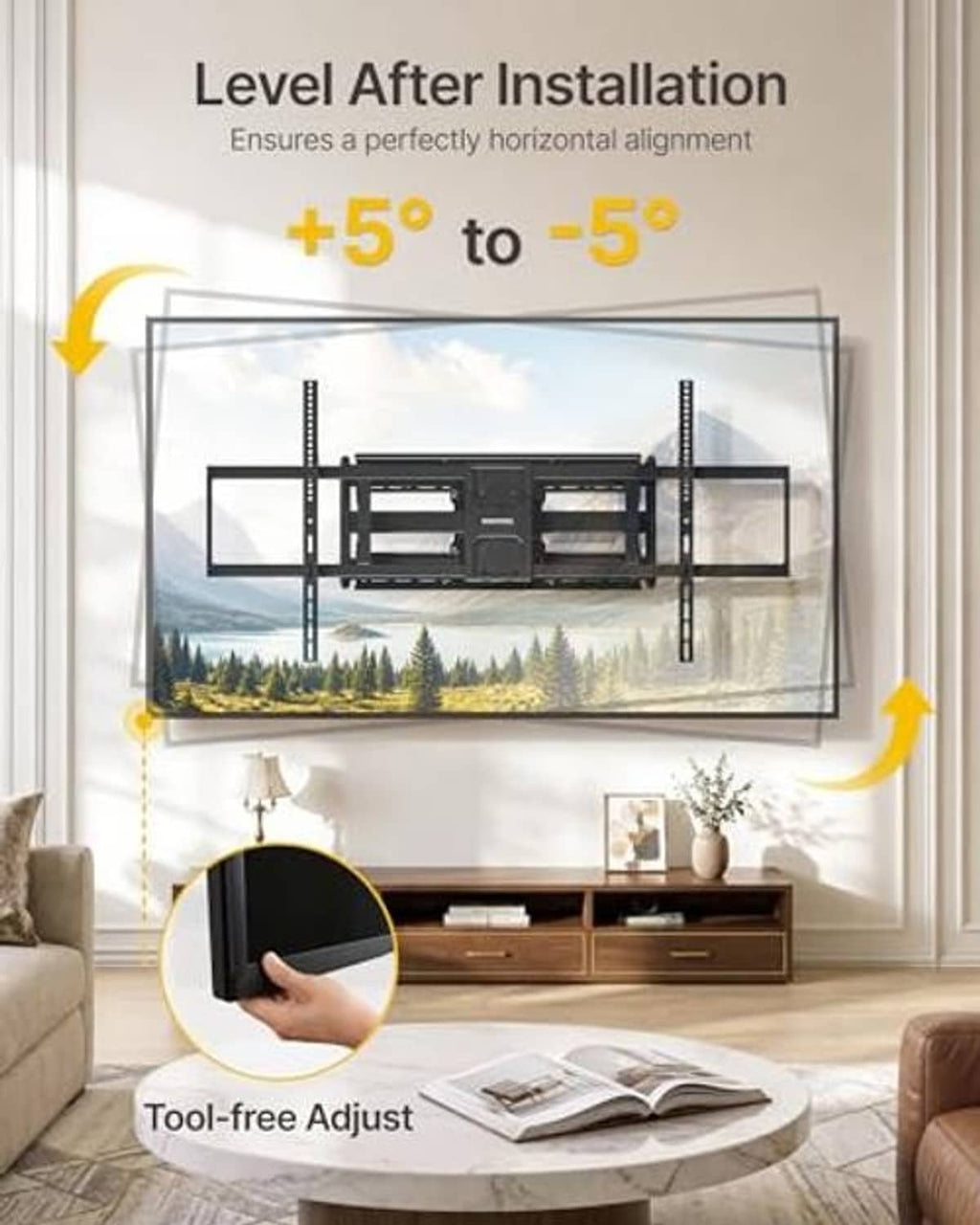 Heavy-duty TV wall mount bracket with level-adjust setup on wall