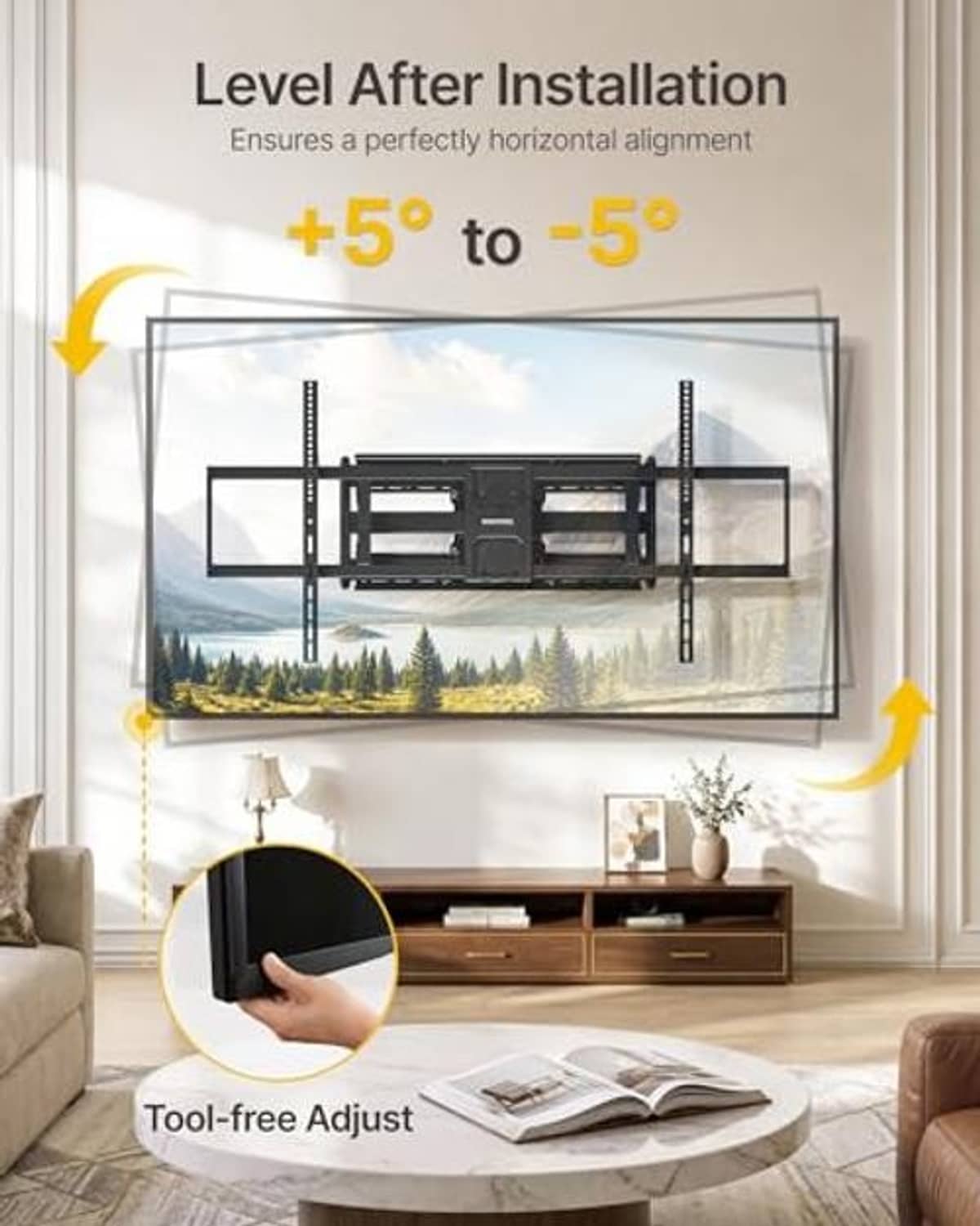 Heavy-duty TV wall mount bracket with level-adjust setup on wall