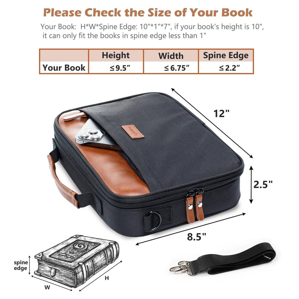 Aplufine compact black Bible cover with top handle, front pocket, and shoulder strap