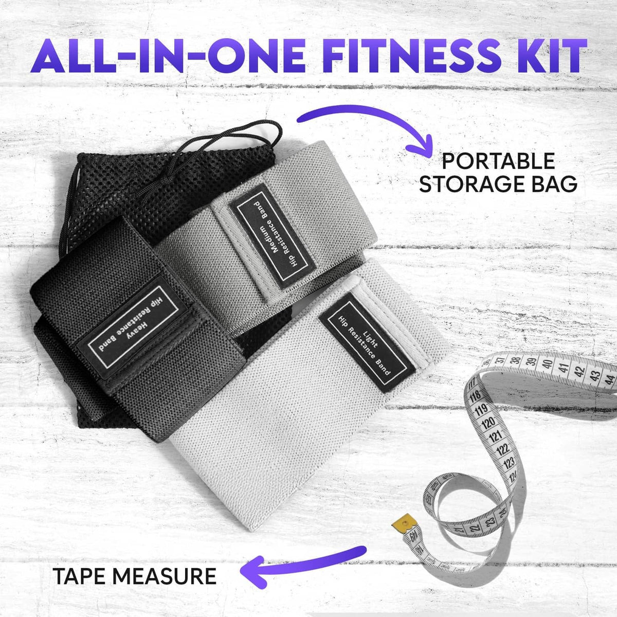 Three wide fabric resistance bands with portable storage bag and tape measure