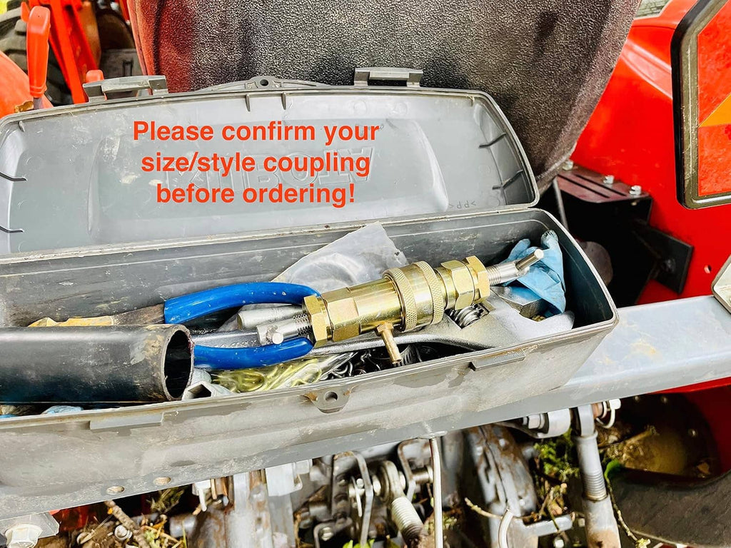 Hydraulic quick coupling at tractor connection point with metal coupler and hoses