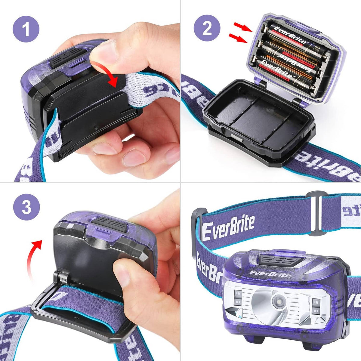 Kids headlamp with purple strap shown open, battery compartment visible