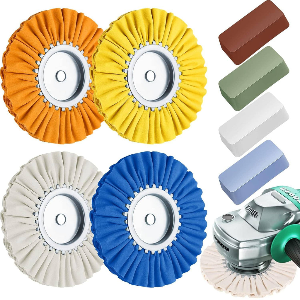 Buffing wheel polishing kit with orange, yellow, white, and blue wheels plus abrasive blocks