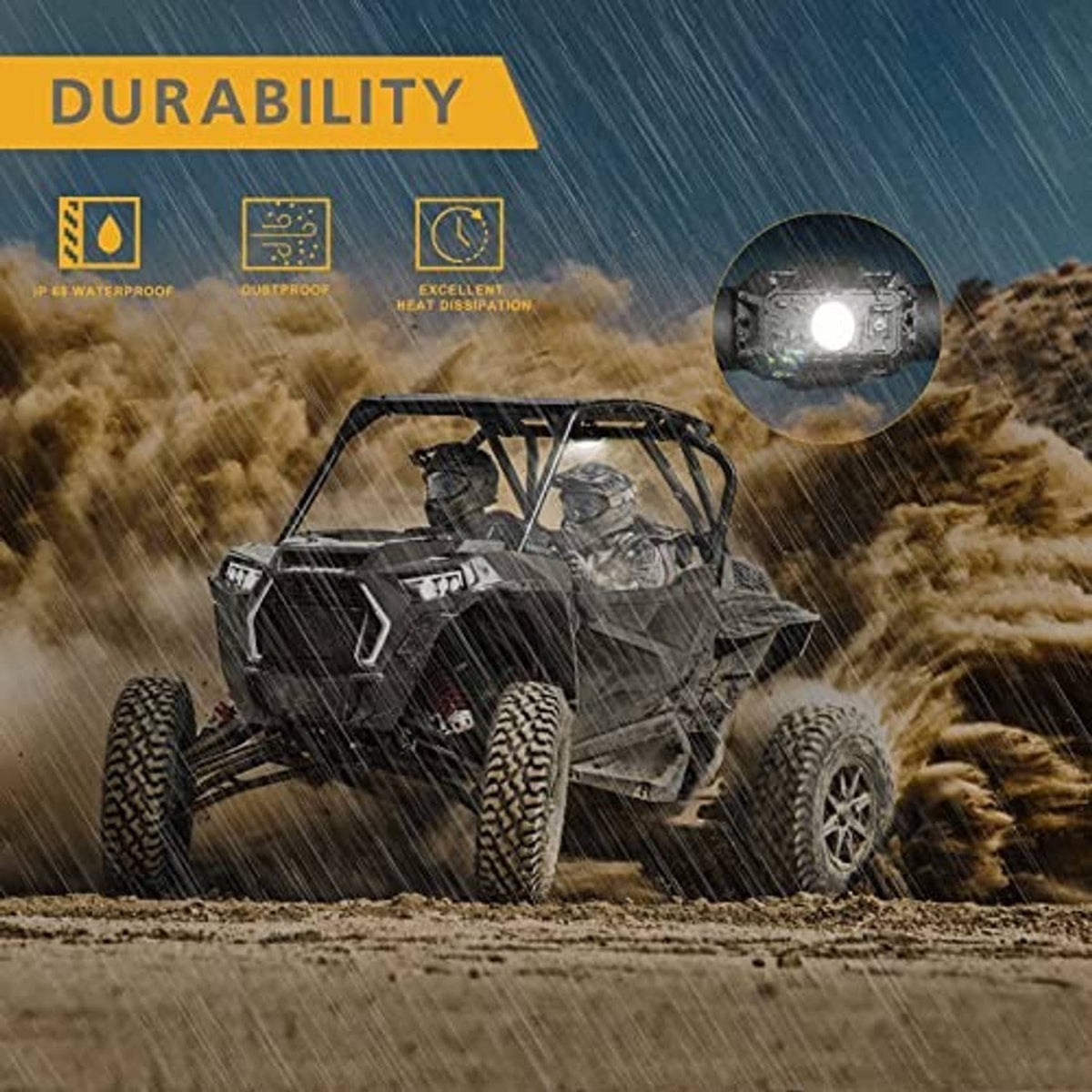 LED dome light on rugged vehicle in rain, shown as durable outdoor lighting