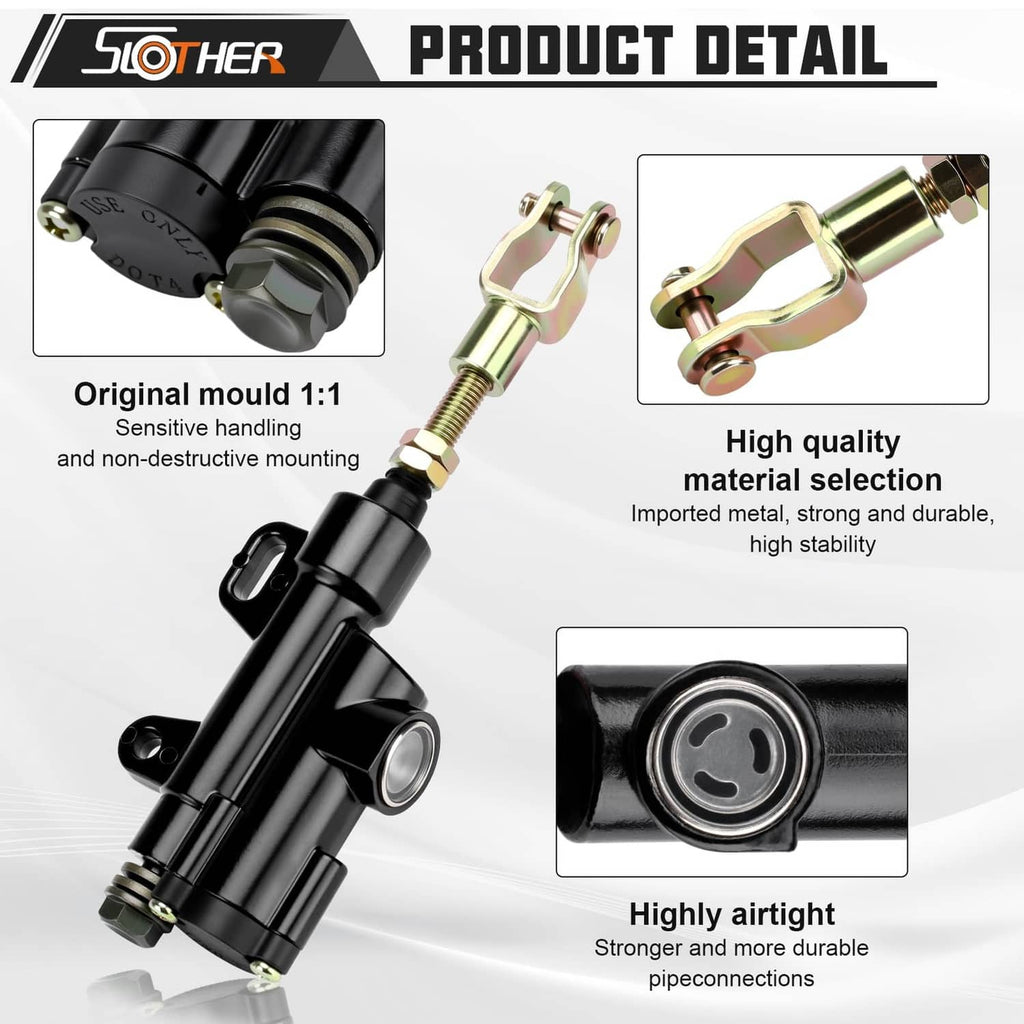 Black rear brake master cylinder detail with gold clamp rod and circular outlet port