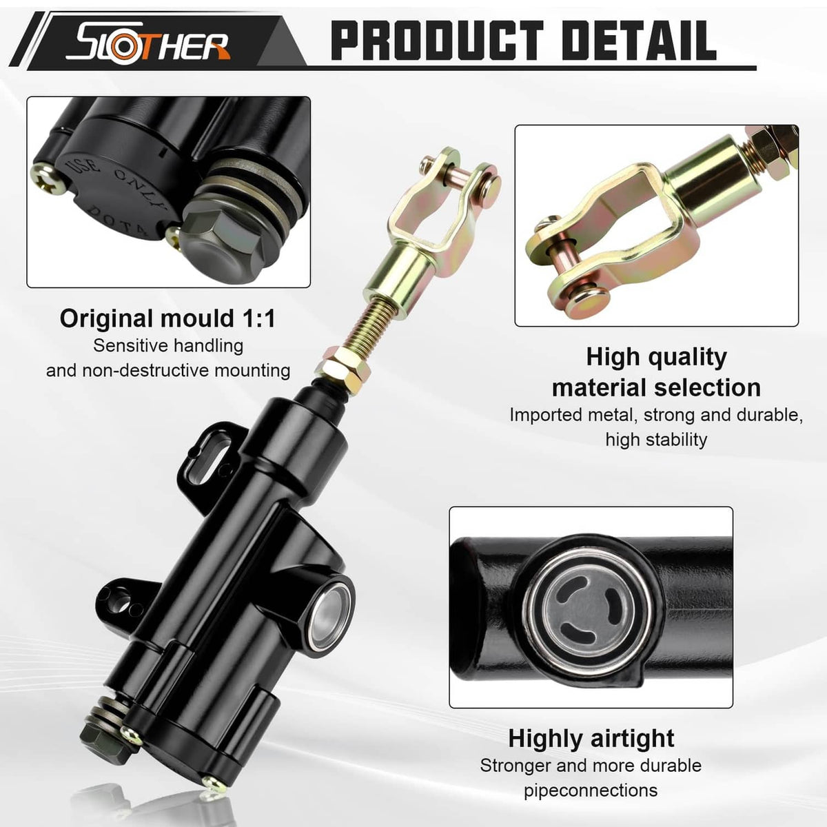 Black rear brake master cylinder detail with gold clamp rod and circular outlet port