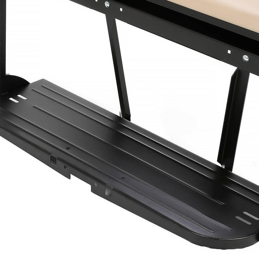 Black ribbed platform base of the folding seat with drainage slots and mounting points