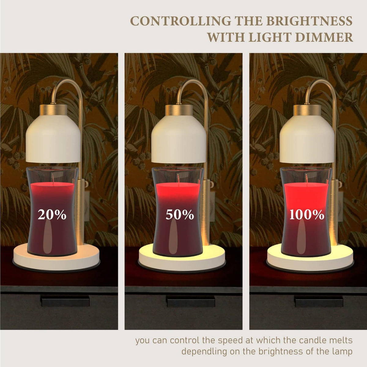White candle warmer lamp with gold frame showing 20%, 50%, and 100% brightness