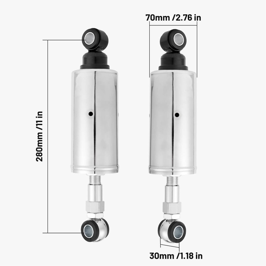 Adjustable rear shock absorbers, chrome cylinders with black mounting caps, shown side view