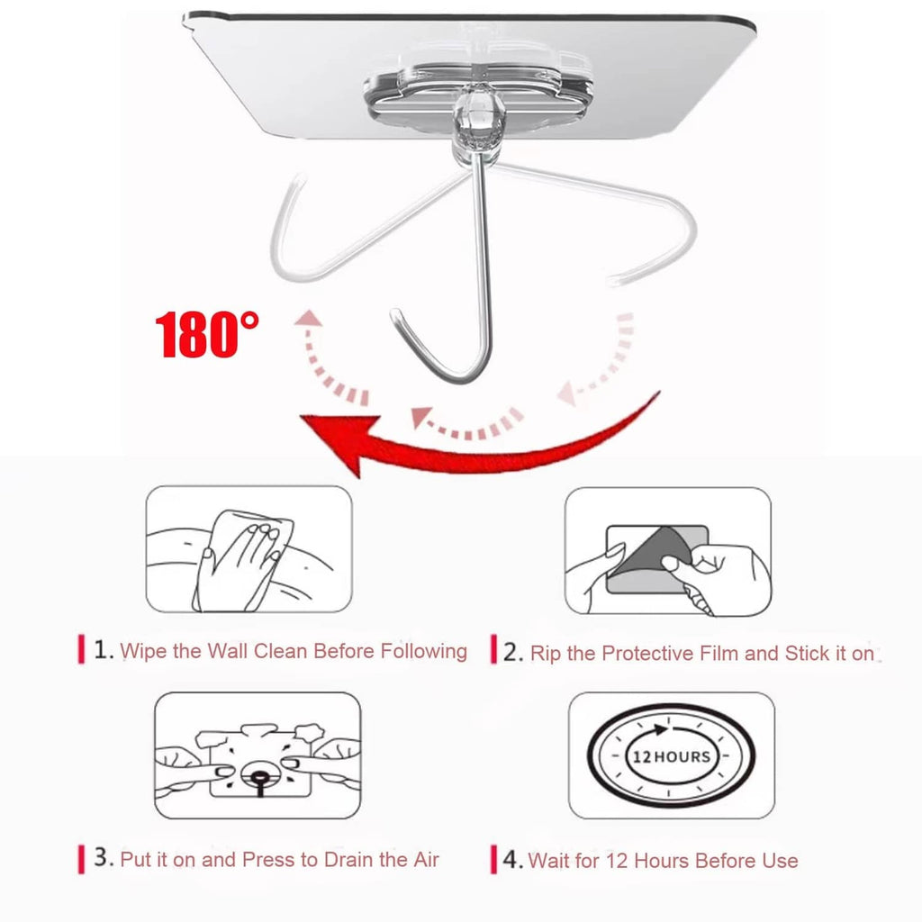 Transparent adhesive wall hook with curved metal tip, installation steps for applying film
