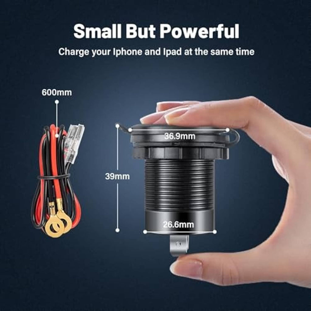 Car USB charger socket with round LED voltmeter display, compact metal body