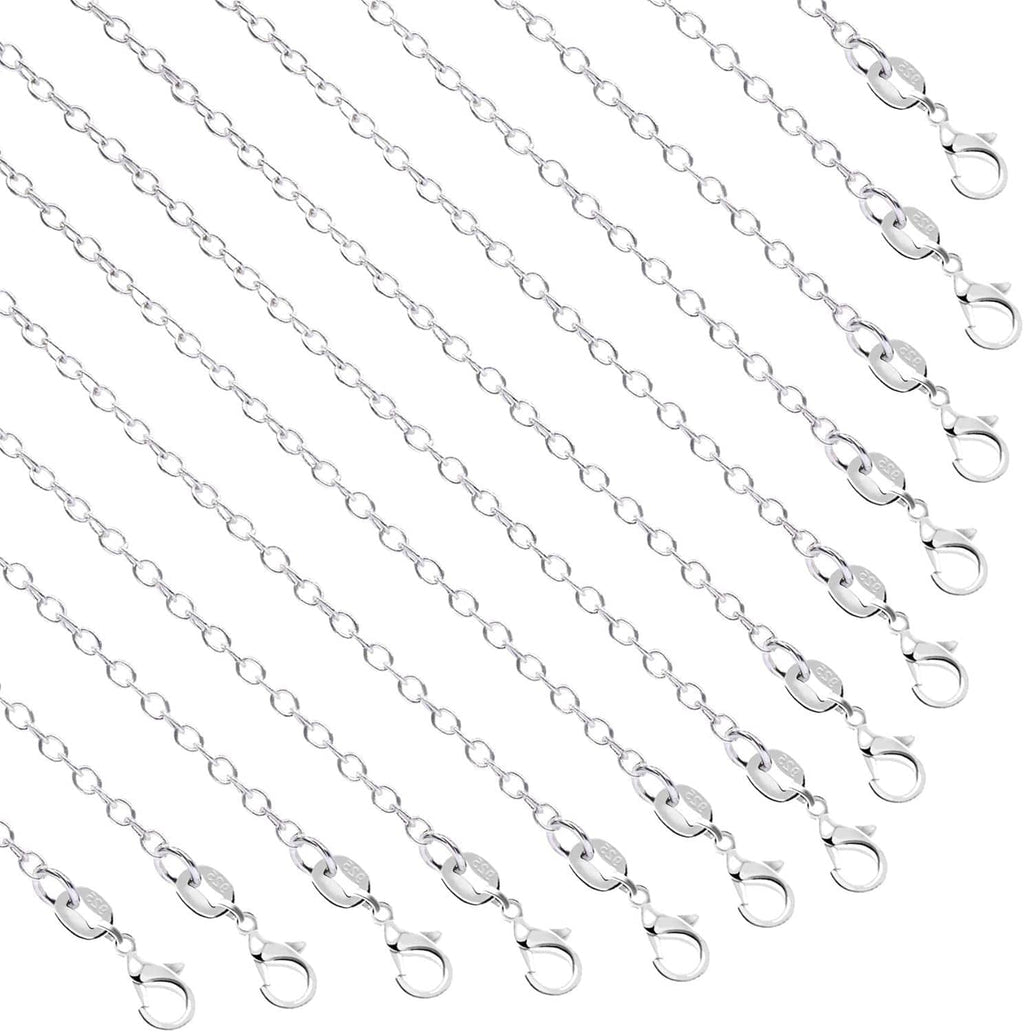 Silver-plated necklace chains with oval link segments and small loop clasps, bulk set.
