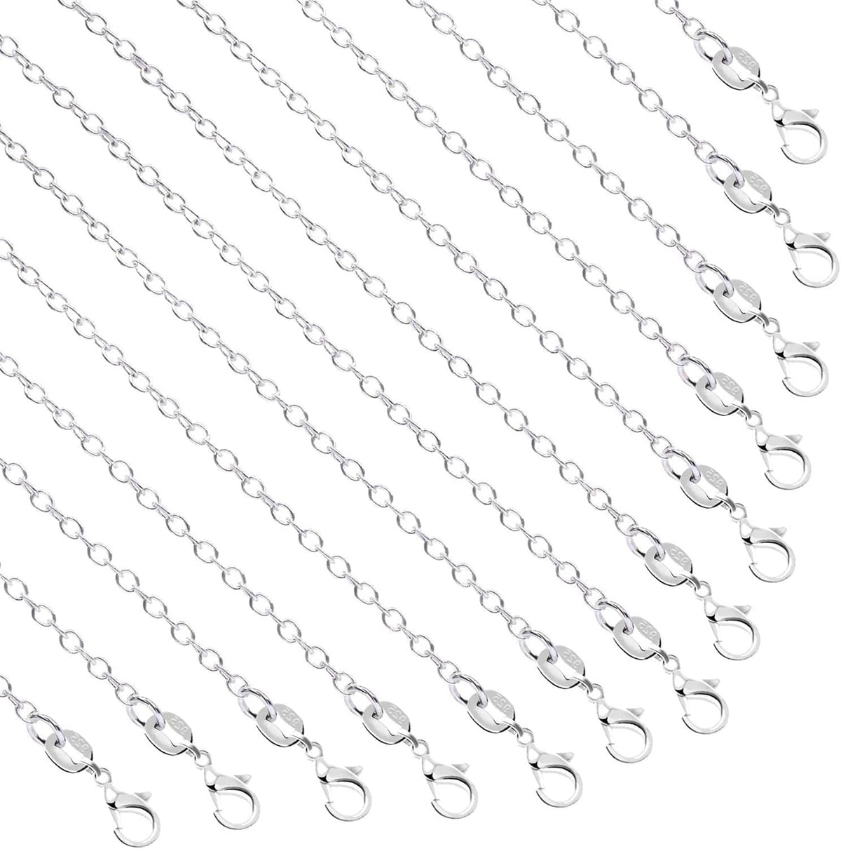 Silver-plated necklace chains with oval link segments and small loop clasps, bulk set.