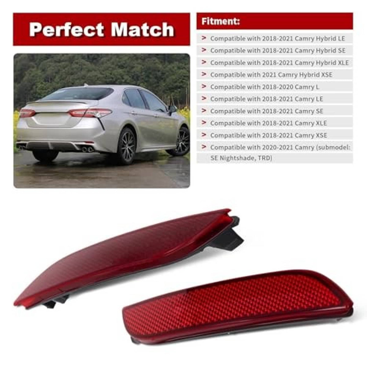 Red rear bumper reflector light pair, angled view with black mounting bases