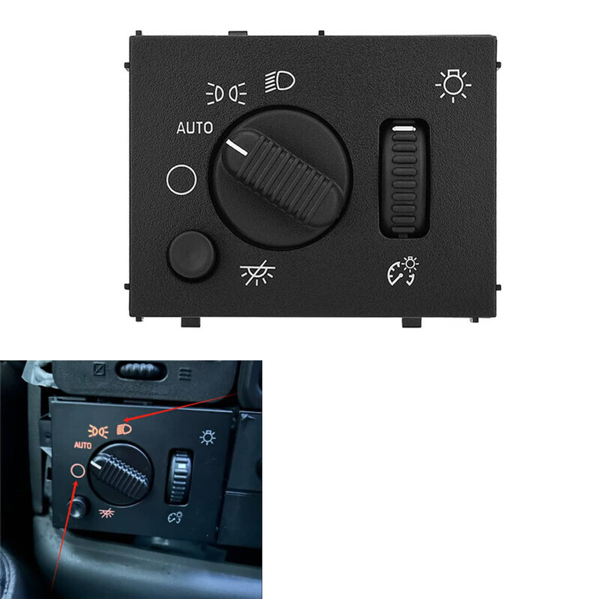 Black LED headlight switch panel with large rotary dial and light icons